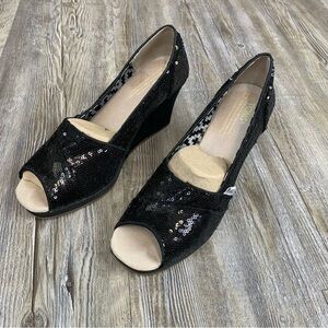Toms Black Sequin Wedges Size 7.5